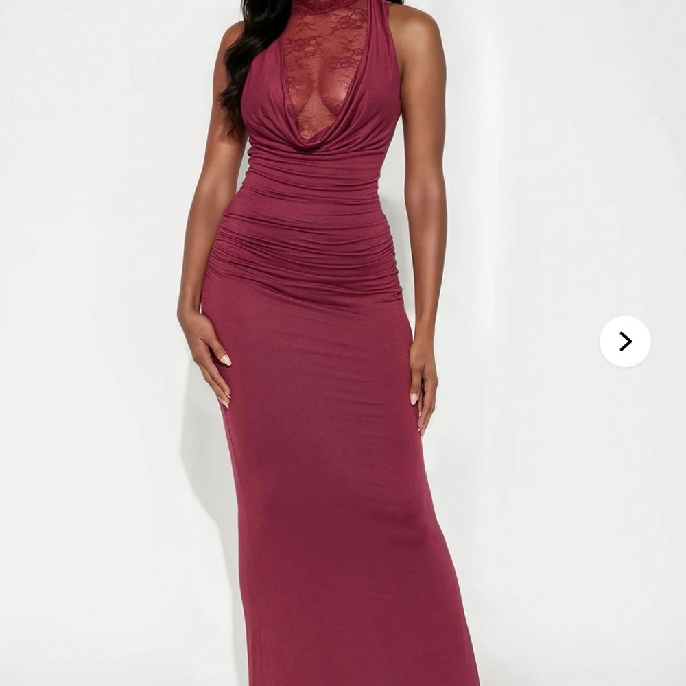 Fashion Nova Sleeveless Cowl Neck Lace-Trim Maxi Dress in Wine